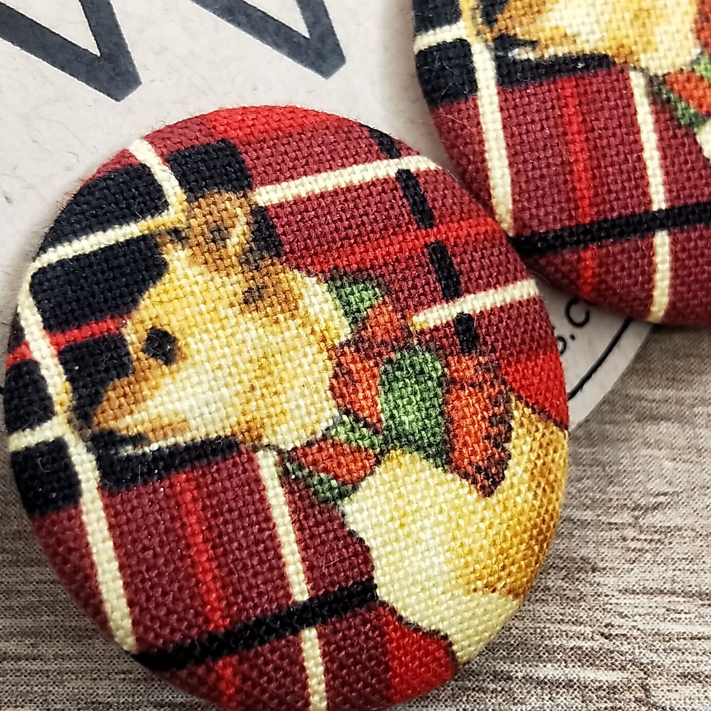 Wildears Fabric Covered Button Earrings Christmas Dogs 6 27mm