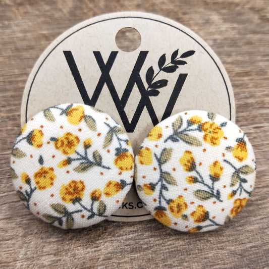 Wildears Fabric Covered Button Earrings Tiny Yellow Floral 27mm