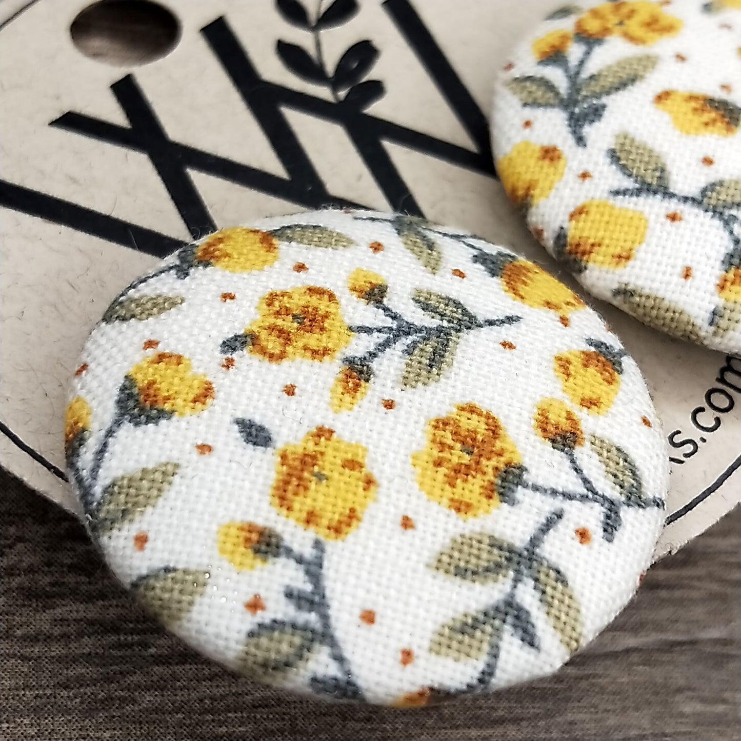 Wildears Fabric Covered Button Earrings Tiny Yellow Floral 27mm