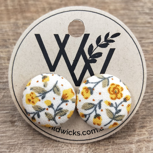 Wildears Fabric Covered Button Earrings Tiny Yellow Floral 19mm