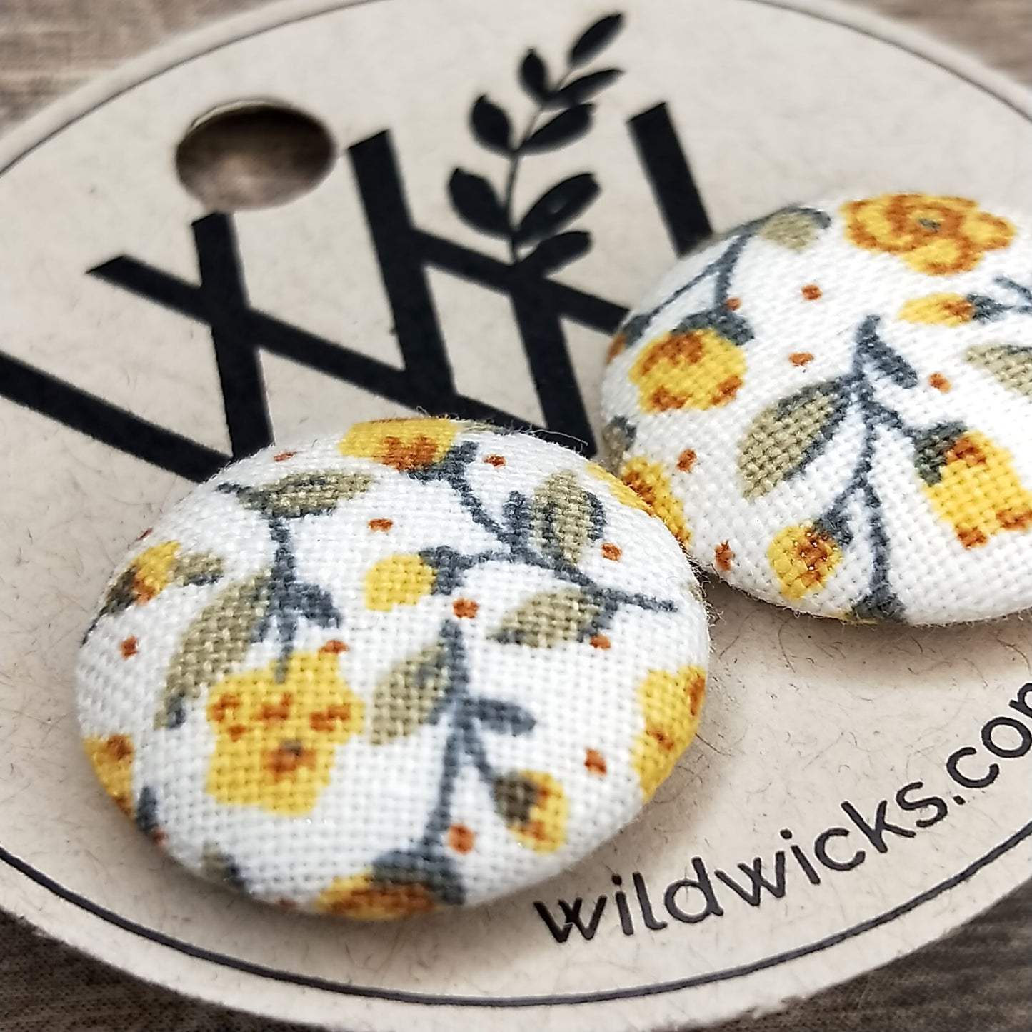 Wildears Fabric Covered Button Earrings Tiny Yellow Floral 19mm