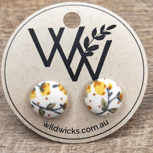 Wildears Fabric Covered Button Earrings Tiny Yellow Floral 12mm