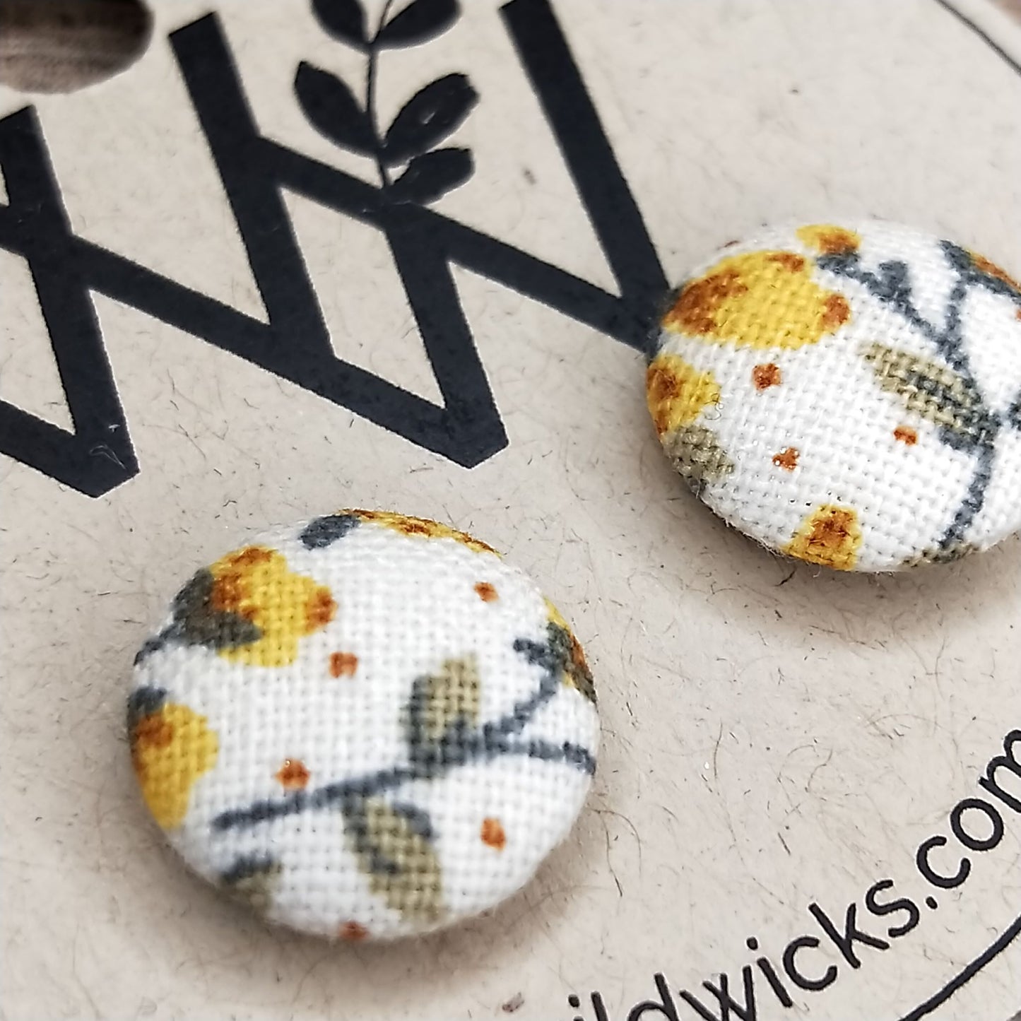 Wildears Fabric Covered Button Earrings Tiny Yellow Floral 12mm