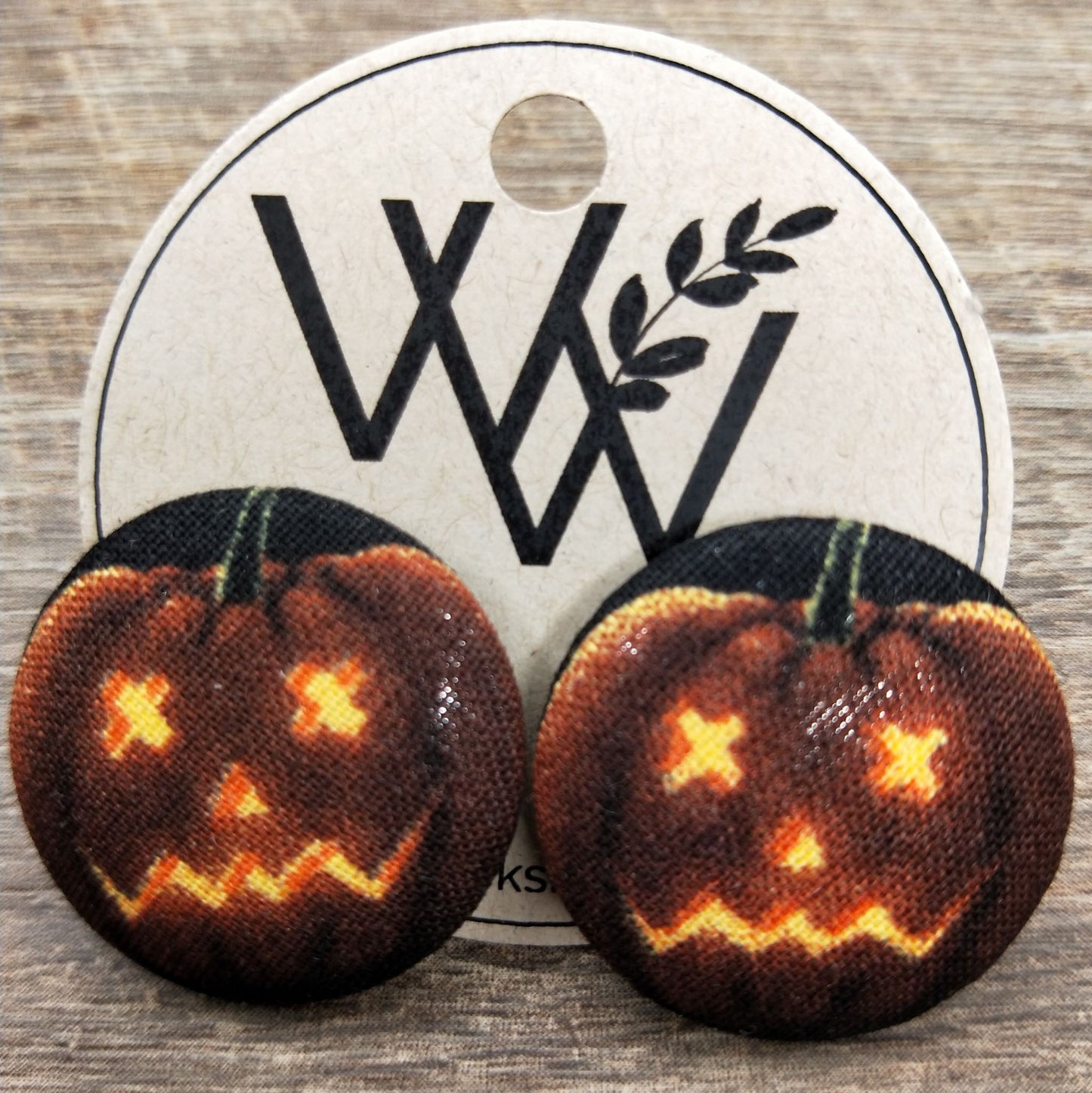 Wildears Fabric Covered Button Earrings Pumpkin Head 27mm