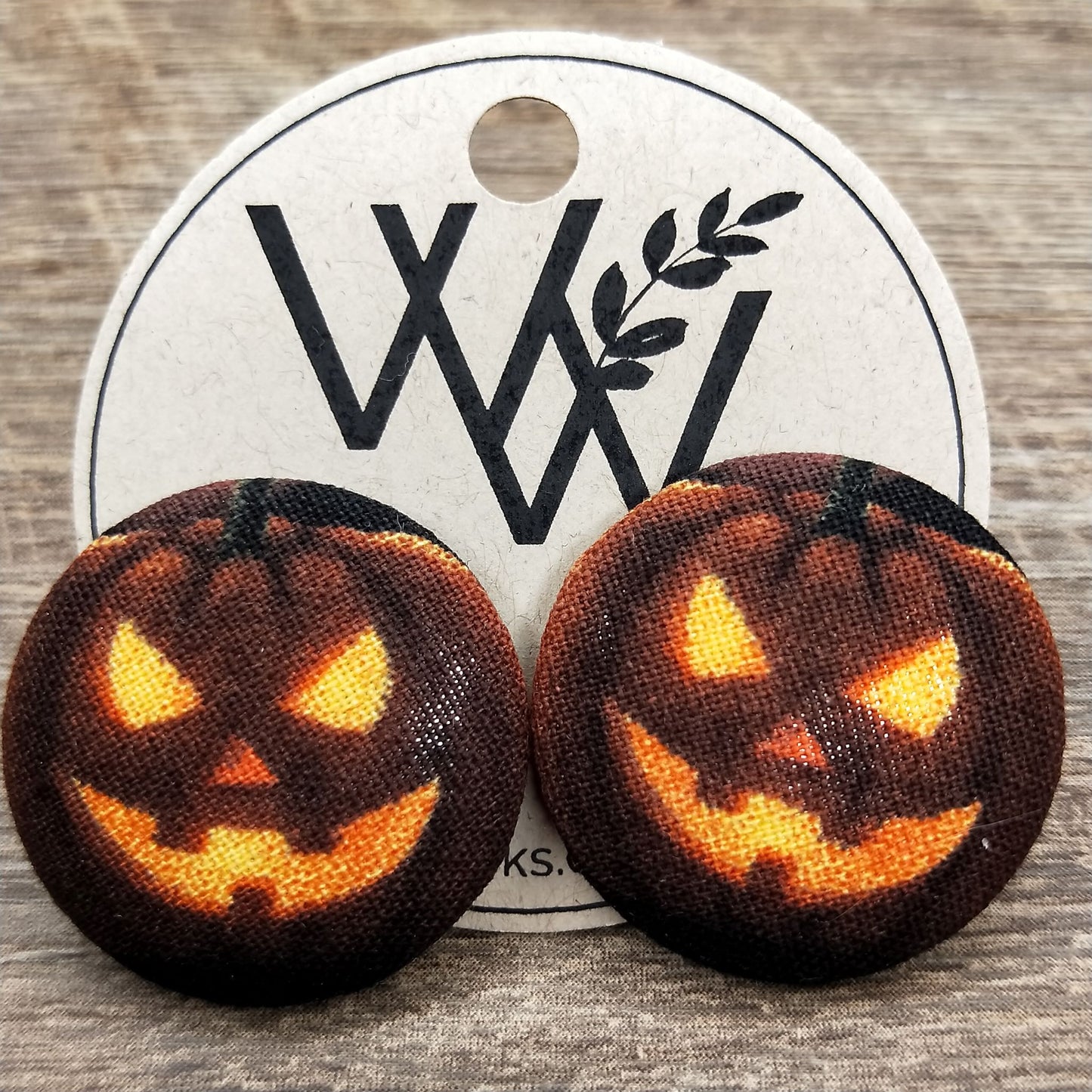 Wildears Fabric Covered Button Earrings Pumpkin Head 27mm