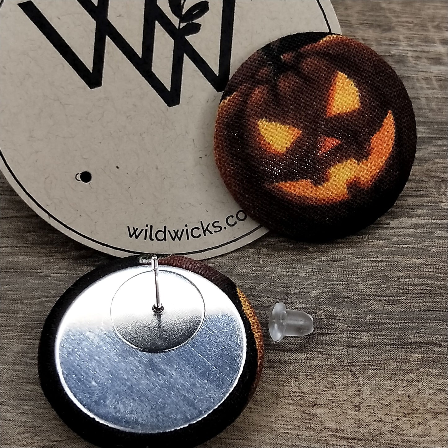 Wildears Fabric Covered Button Earrings Pumpkin Head 27mm