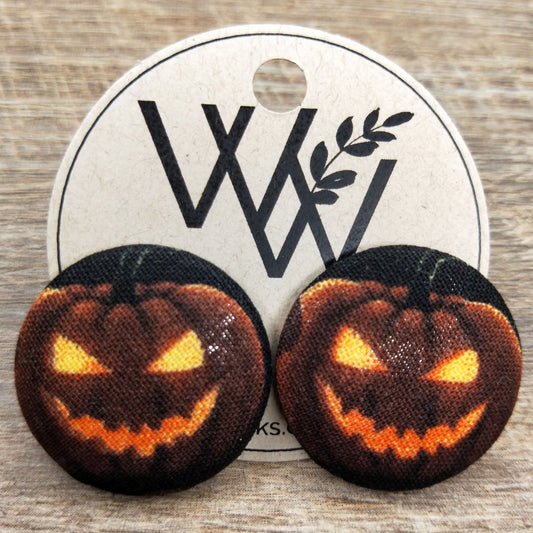 Wildears Fabric Covered Button Earrings Pumpkin Head 27mm