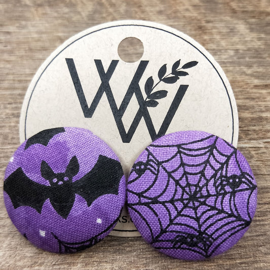 Wildears Fabric Covered Button Earrings Halloween Purple Bats and Spiders 27mm