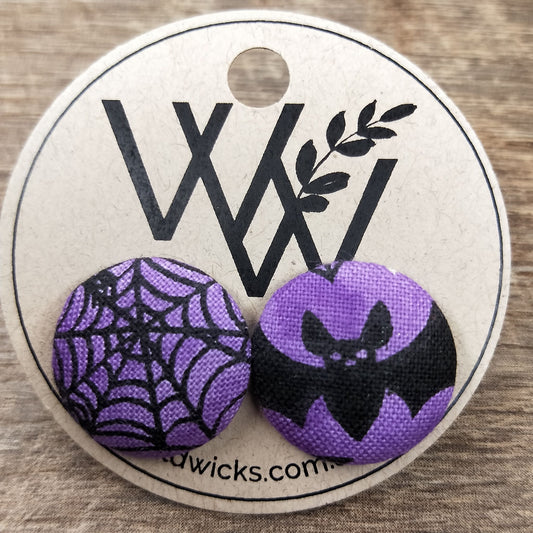 Wildears Fabric Covered Button Earrings Halloween Purple Bats and Spiders 19mm