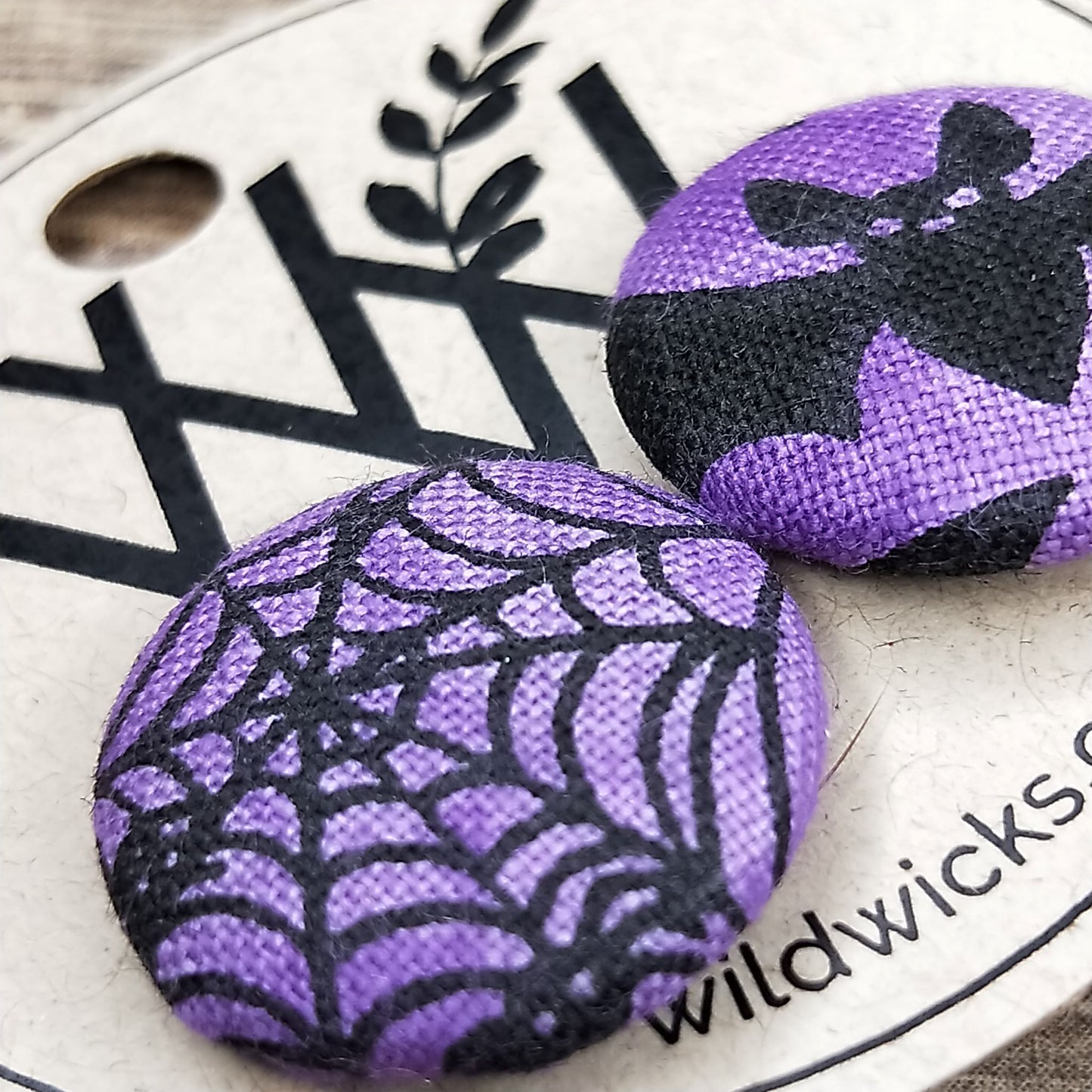 Wildears Fabric Covered Button Earrings Halloween Purple Bats and Spiders 19mm