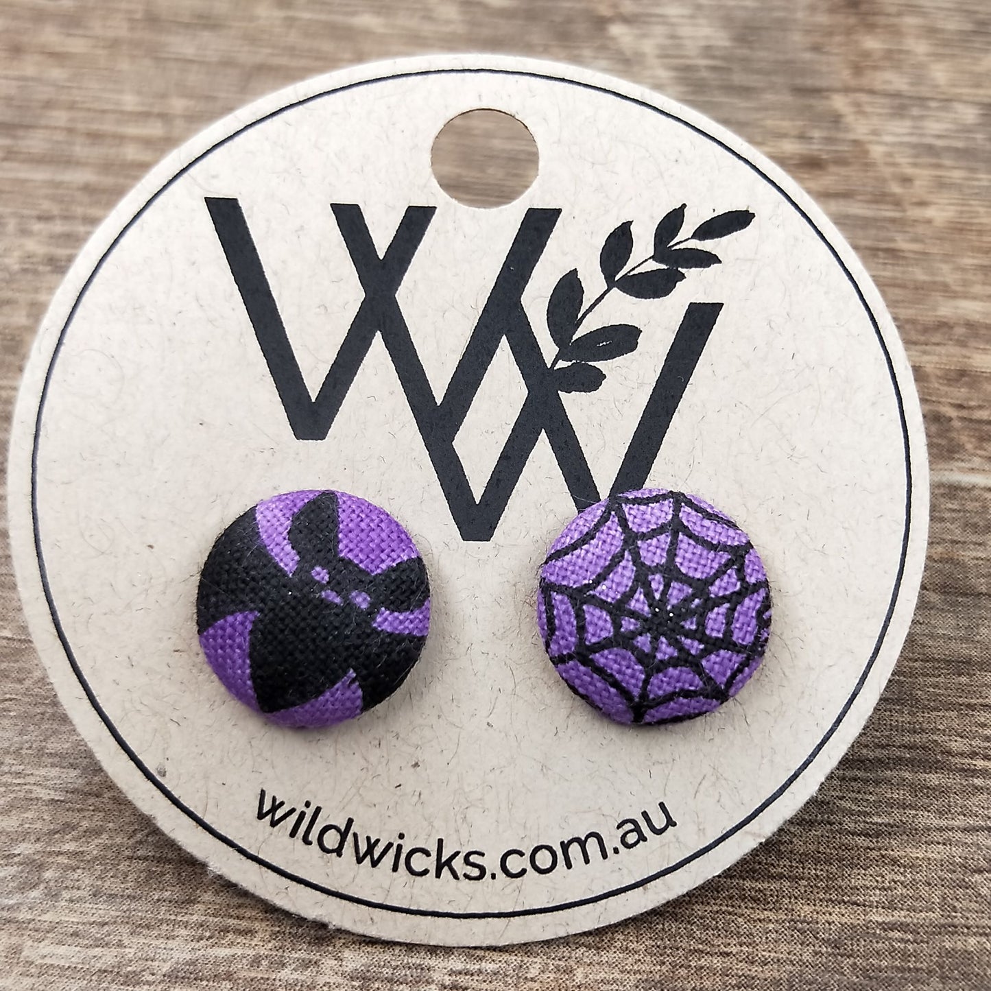 Wildears Fabric Covered Button Earrings Halloween Purple Bats and Spiders 12mm