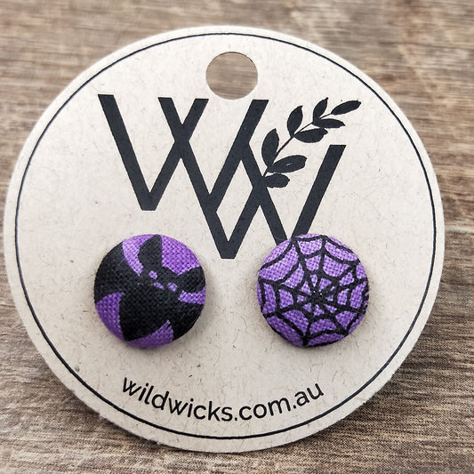 Wildears Fabric Covered Button Earrings Halloween Purple Bats and Spiders 12mm