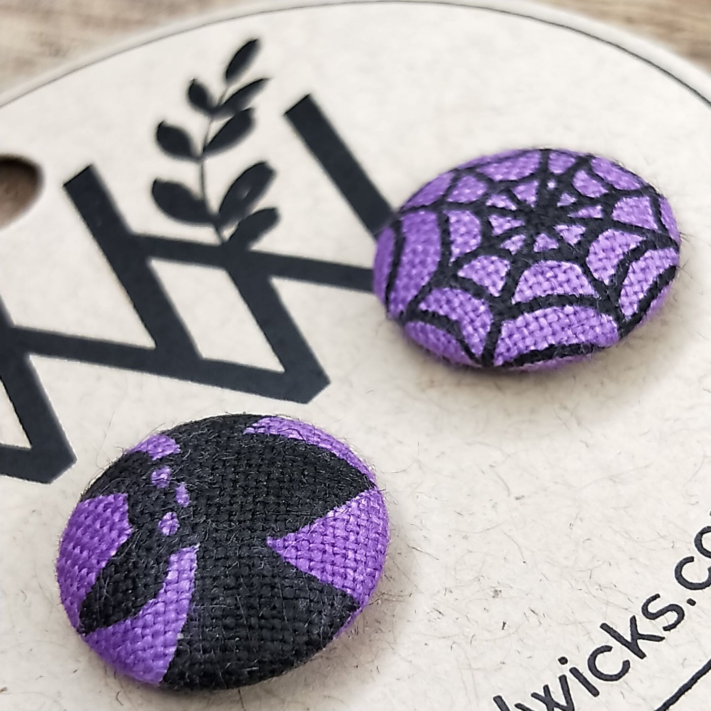 Wildears Fabric Covered Button Earrings Halloween Purple Bats and Spiders 12mm