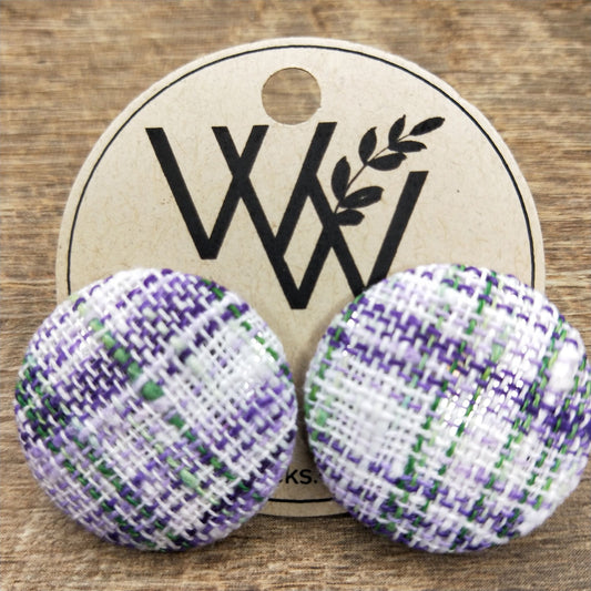 Wildears Fabric Covered Button Earrings Purple and Green Weave 27mm