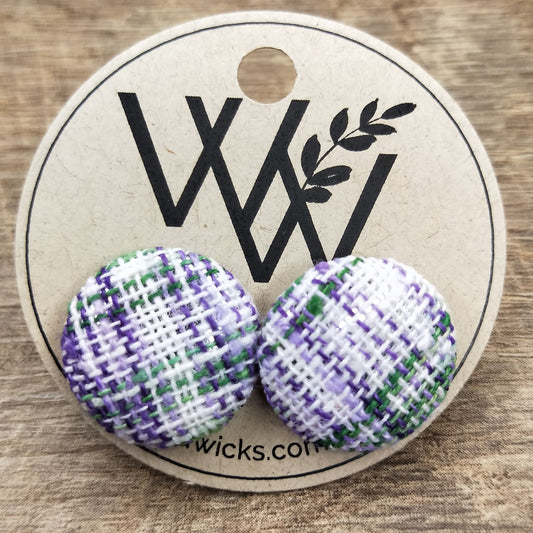 Wildears Fabric Covered Button Earrings Purple and Green Weave 19mm