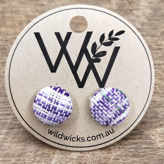 Wildears Fabric Covered Button Earrings Purple and Green Weave 12mm