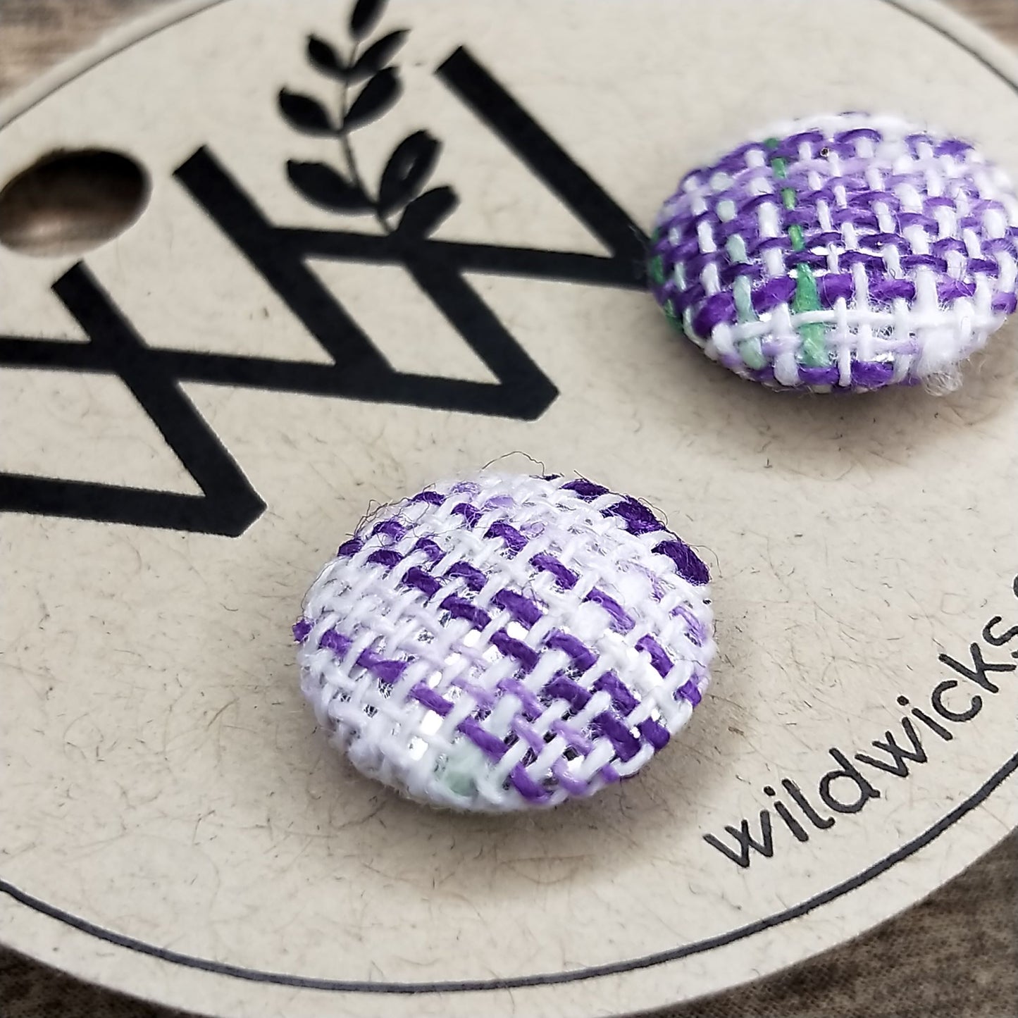 Wildears Fabric Covered Button Earrings Purple and Green Weave 12mm