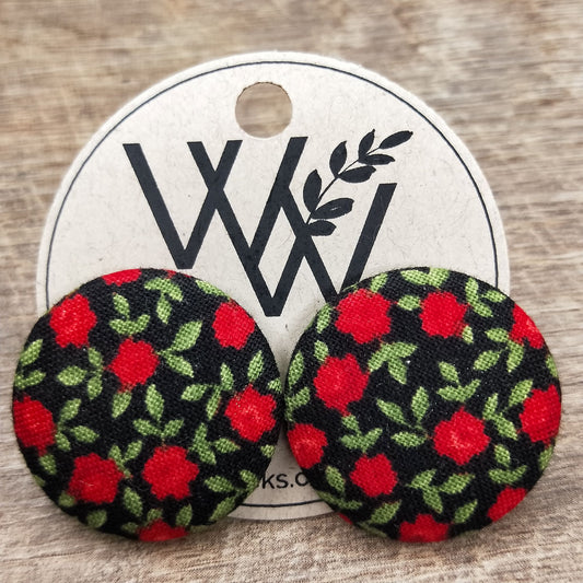 Wildears Fabric Covered Button Earrings Tiny Red Rose 27mm