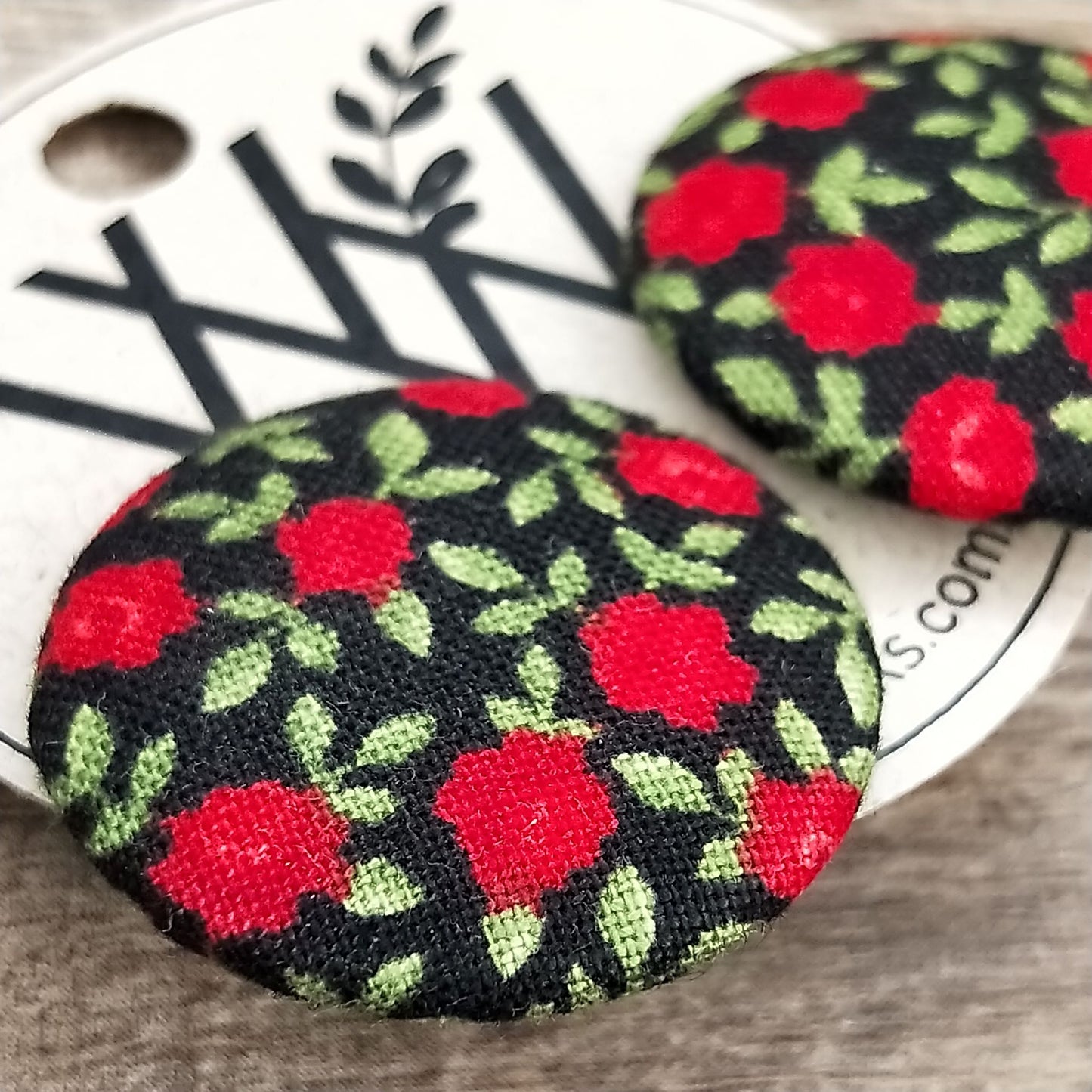 Wildears Fabric Covered Button Earrings Tiny Red Rose 27mm