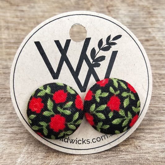 Wildears Fabric Covered Button Earrings Tiny Red Rose 19mm