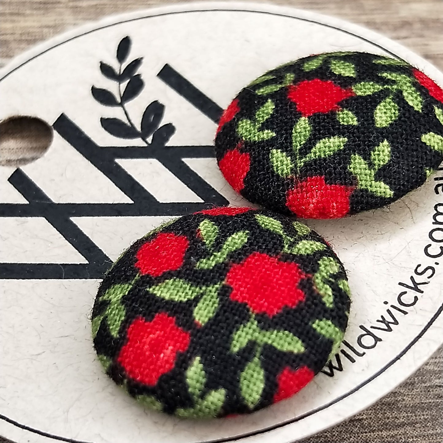 Wildears Fabric Covered Button Earrings Tiny Red Rose 19mm