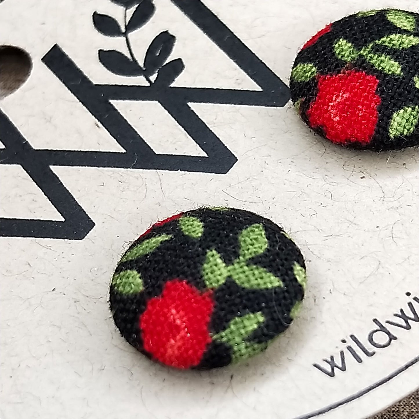 Wildears Fabric Covered Button Earrings Tiny Red Rose 12mm